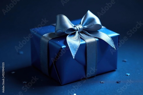Midnight blue satin package, silver bow, star-like shimmer, present, magic