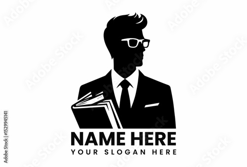 Sophisticated black silhouette of a man in a suit and glasses holding books, symbolizing intellect and professionalism. Education and business concept