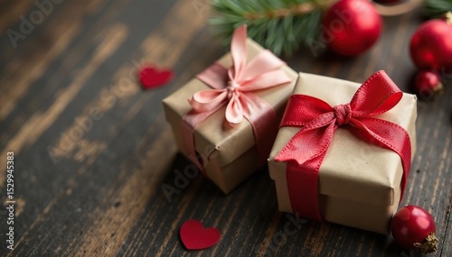 Small gifts, tied with ribbon, rustic wood table, design, vintage