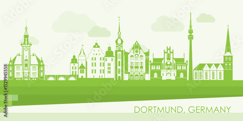 Green Skyline panorama of city of Dortmund, Germany  - vector illustration