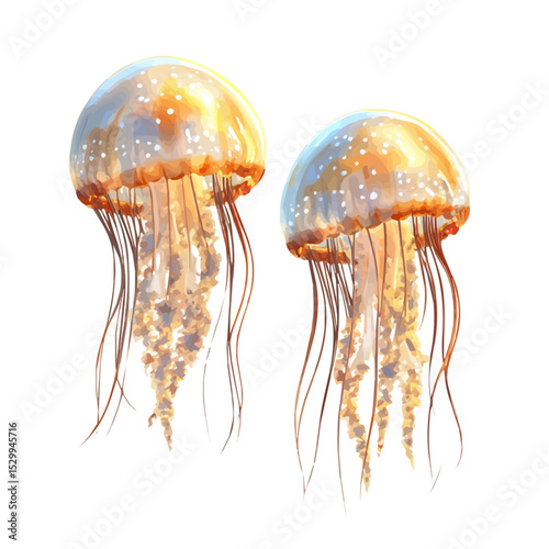 watercolor vector of Glowing Jellyfish Tropical Water, isolated on a white background.