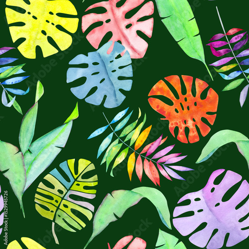 Fototapeta Rainbow Watercolour Tropical Leaves Seamless Pattern, Vibrant Monstera and Palm