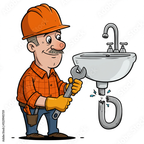 Cartoon Handyman Fixing Sink Pipe Vector Illustration