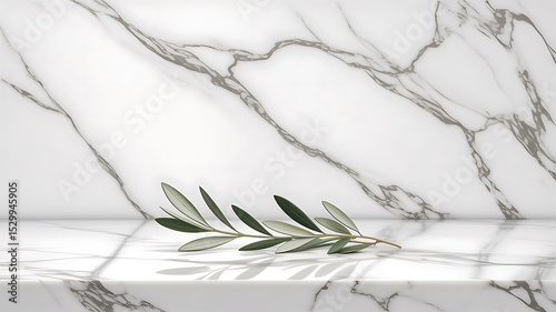 Olive Branch on White Marble Surface Minimalist Background 1
