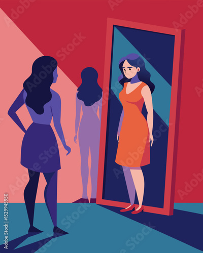 A woman stands in front of a mirror a reflection of her twisted and distorted by the false ideals and expectations imposed upon her by societal norms.. Vector illustration