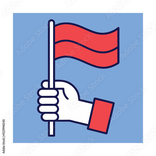 Hand holding a red flag against a blue background demonstrating protest or freedom