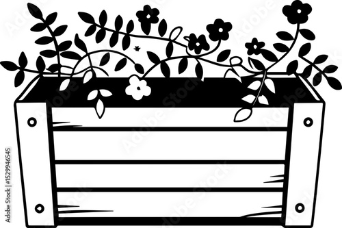 
Flowers arranged in a wooden box, SVG with clean lines.Wooden Planter Box with Flowers for Garden Decoration