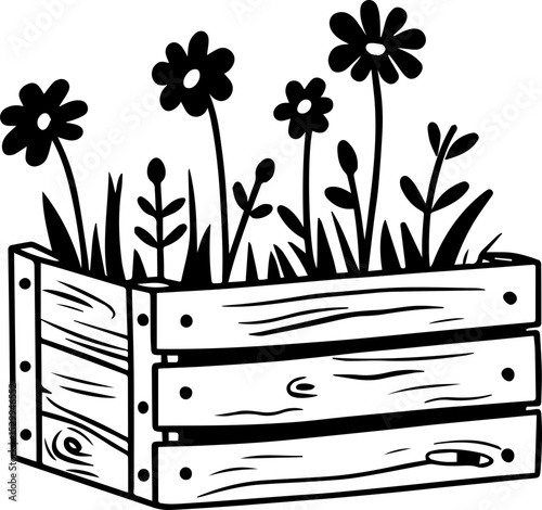 
Flowers arranged in a wooden box, SVG with clean lines.Hand-drawn Flower Basket Illustration in Black and White