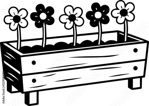 
Flowers arranged in a wooden box, SVG with clean lines.Wooden Planter Box with Various Flower Plants Illustration