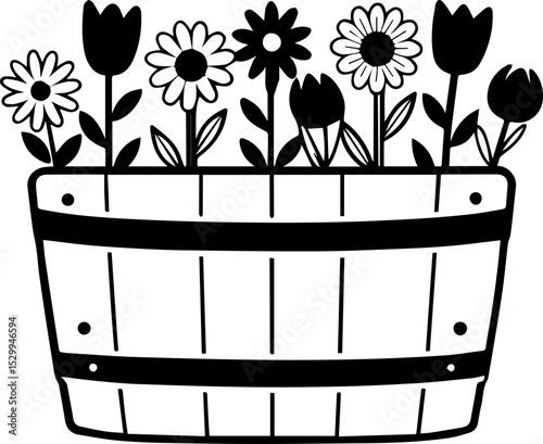 
Flowers arranged in a wooden box, SVG with clean lines.Wooden Planter Box with Flowers in Simple Line Art Style