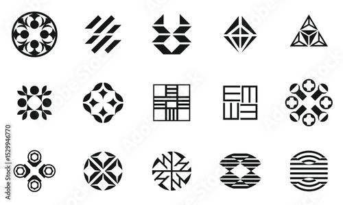 A collection of diverse geometric logos featuring various shapes, including circles, triangles, and hexagons, showcasing modern design aesthetics.