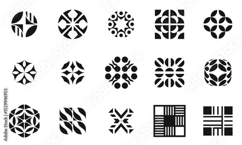 A collection of intricate black and white geometric patterns, showcasing various shapes and designs that create a harmonious visual composition.