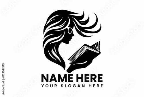 Sophisticated black silhouette vector logo of intellectual woman with glasses reading book for education and literacy concept