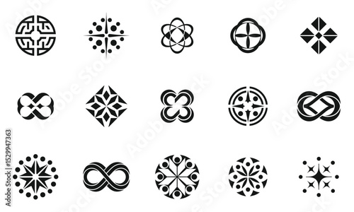 A diverse collection of black and white abstract geometric symbols, showcasing intricate designs and varied patterns that evoke creativity and visual interest.