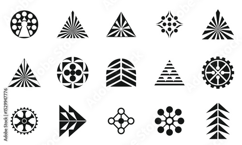 A collection of geometric black and white logos featuring triangles, circles, and intricate patterns, showcasing various designs and shapes, perfect for branding.