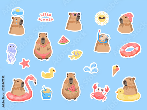 Vector set of capybara stickers on a summer theme. Capybara, sea, swimming ring, starfish, cute animal, pink flamingo, duckling, jellyfish