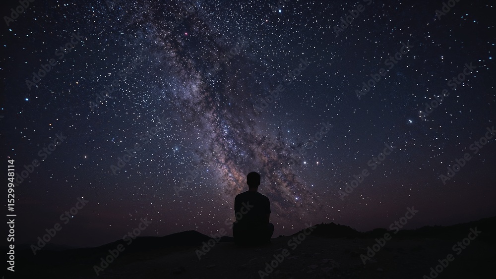 Obraz premium Silhouette of a person sitting under a vibrant milky way with countless stars in the night sky on transparent background