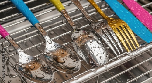 Wet cutlery with colorful handles in drying rack with water drops
