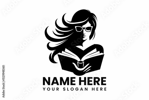 Sophisticated black silhouette vector logo of intellectual woman with glasses reading book for education and literacy concept