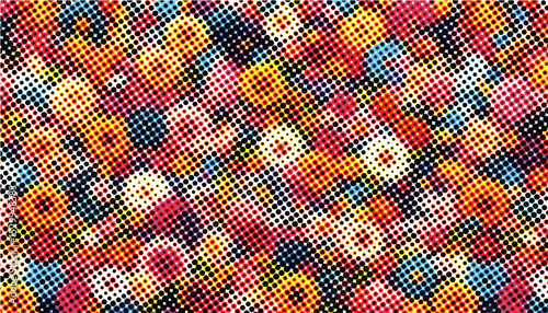 Colorful halftone print pattern featuring vibrant dots that create an abstract yet uniform design, perfect for artistic projects, retro-inspired themes, and graphic design backgrounds.