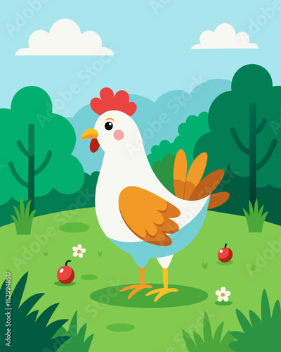 A chicken pecking at insects in a pasture of lush pesticidefree grass.. Vector illustration
