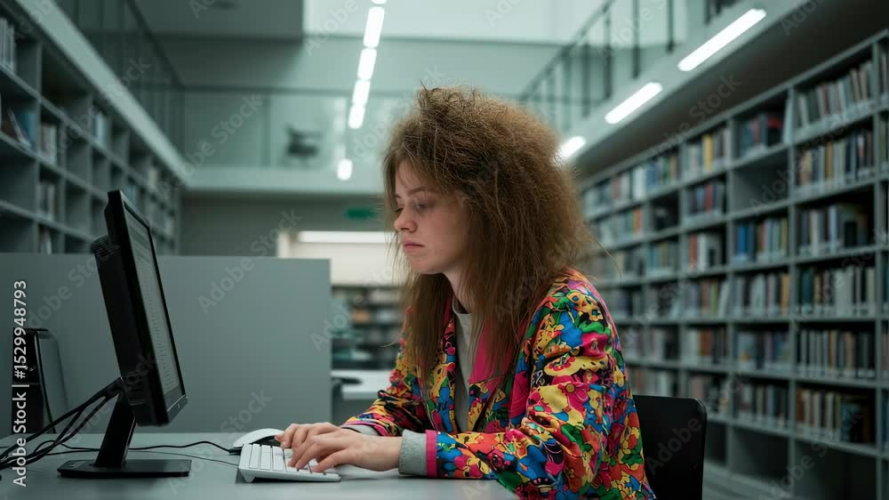 Focused student typing in modern library setting with rows of bookshelves