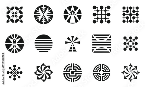 A collection of abstract black and white geometric patterns and symbols, showcasing intricate designs that evoke creativity and modern aesthetics.