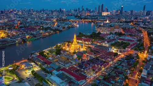 Panoramic Aerial View of Bangkok Skyline at Twilight, Featuring Wat Arun