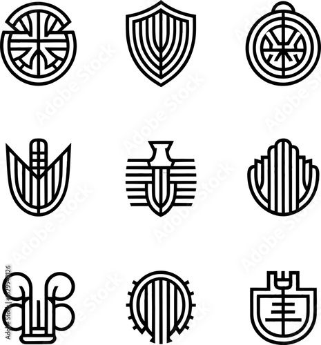 Nine Black Linear Geometric Abstract Logos White Background