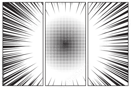 Comic book three panels with burst effect, storyboard style pop art frame template, frame retro cartoon black and white