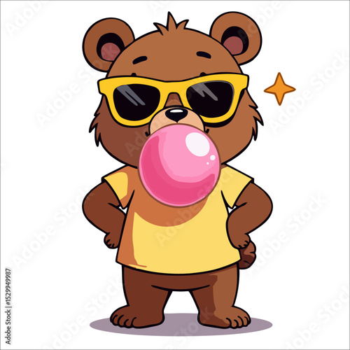 Vector fashion design for children t-shirt. Cute brown teddy bear in sunglasses puffs out pink bubble gum isolated on transparent background. Cartoon print for fabric, clothing for boy, girl. 
