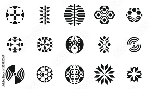A diverse collection of sixteen unique black and white geometric patterns, showcasing a variety of abstract designs and shapes, perfect for creative projects.