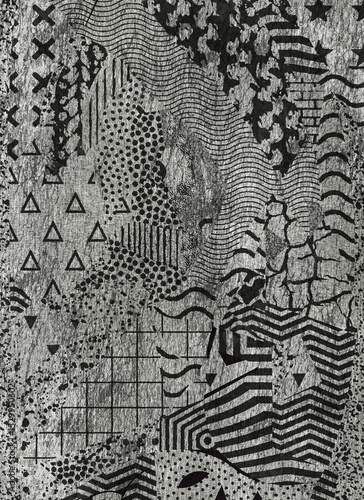 High-resolution abstract black-and-white grunge texture artwork featuring layered geometric patterns, distressed overlays, and cracked surfaces. Suitable for use as a poster background, design element