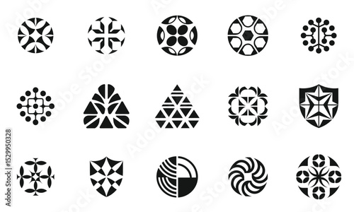 A diverse collection of abstract geometric black and white logos, showcasing various shapes and patterns that evoke modern design aesthetics.