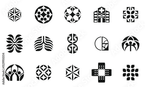 A diverse collection of unique black and white logo designs, showcasing abstract shapes, community themes, and healthcare motifs in a creative arrangement.