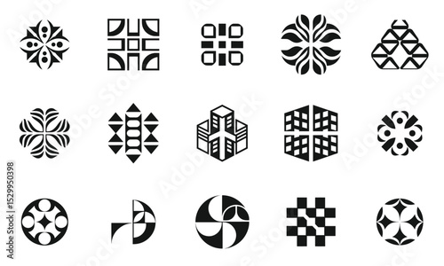 A diverse collection of black and white geometric patterns and logos, showcasing creativity and design innovation. Each design features distinct shapes and styles.
