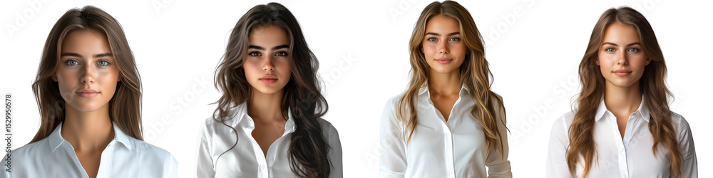 A beautiful woman with straight hair wearing a white blouse, a beautiful woman wearing a shirt, facing forward and looking at the camera on a transparent background A beautiful woman with straight hair wearing a white blouse, a beautiful woman wearing a shirt, facing forward and looking at the camera on a transparent background
