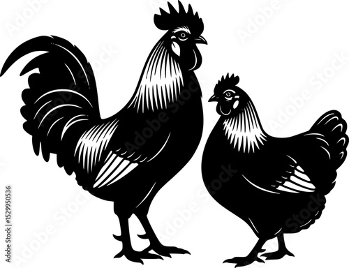 Pairs of chickens isolated on white background in vintage style