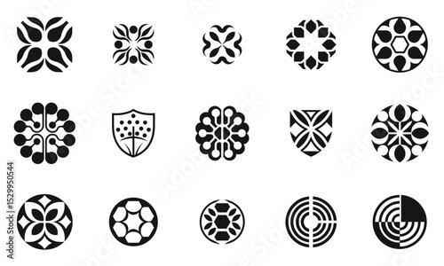 A collection of unique black and white logos, featuring various geometric shapes and patterns that evoke creativity and modern design aesthetics.