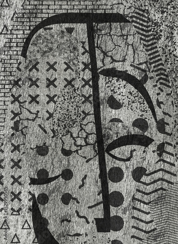 High-resolution abstract black-and-white grunge texture artwork featuring layered geometric patterns, distressed overlays, and cracked surfaces. Suitable for use as a poster background, design element