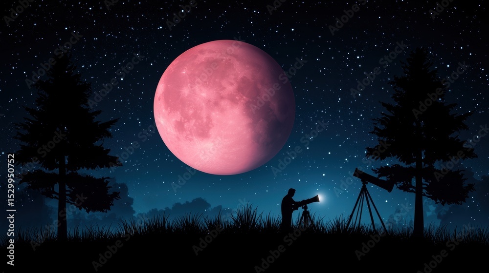 Naklejka premium Planet Astronomer using a telescope to examine planets in the night sky, surrounded by equipment.