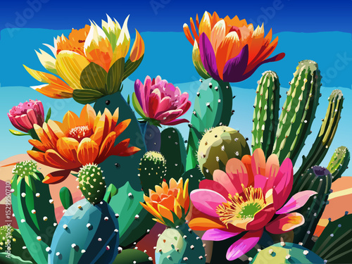 vector of Blooming cacti in vibrant color against a stunning blue sky, enhanced with subtle shadows to highlight the intricate details of the flowers...