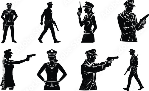 Silhouettes of Police Officers in Various Action and Patrolling Poses