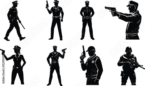 Silhouettes of Police Officers Standing and Firing in Defensive Positions