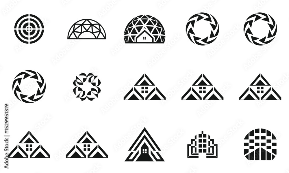 A collection of abstract geometric logos featuring various shapes, including circles, triangles, and domes, in a minimalist black and white style. A collection of abstract geometric logos featuring various shapes, including circles, triangles, and domes, in a minimalist black and white style.