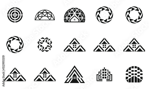 A collection of abstract geometric logos featuring various shapes, including circles, triangles, and domes, in a minimalist black and white style.