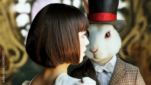 Beautiful Alice met a white rabbit, Alice in Wonderland, characters communicate with each other, Alice is surprised by the talking rabbit