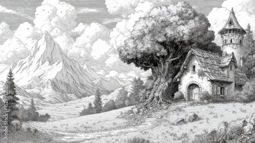 Wallpaper Mural A drawing of a mountain range with a house in the foreground. The house is small and has a thatched roof. The mountains are covered in clouds, giving the scene a peaceful and serene atmosphere Torontodigital.ca