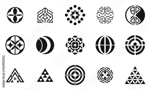 A collection of abstract geometric shapes and symbols in black and white, featuring circular patterns, intricate designs, and diverse motifs that inspire creativity.