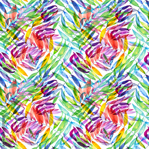 Fototapeta Watercolour Rainbow Palm Leaves Art Print, Vibrant Tropical Foliage Decor, Dynam